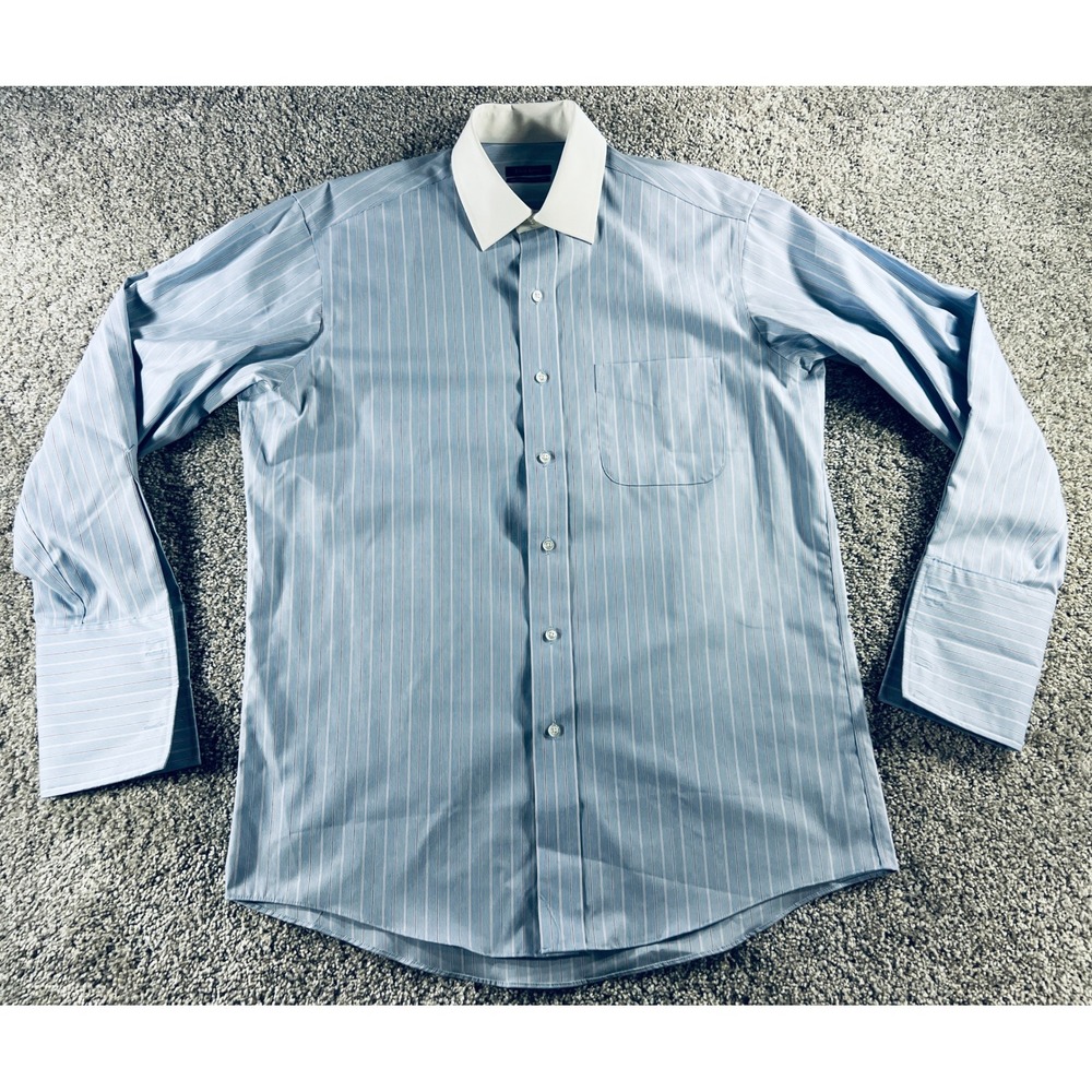 NWT Club Room Mens Blue White Striped French Cuff Contrast Collar 15.5 32/33 Med